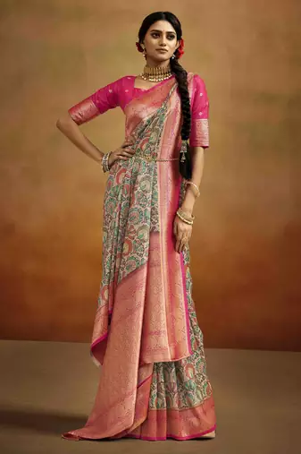 Women's peach tissue silk blend kalamkari saree with unstitched silk blend blouse piece