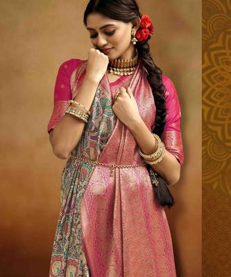 Women's peach tissue silk blend kalamkari saree with unstitched silk blend blouse piece 3