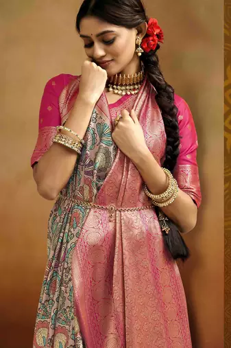 Women's peach tissue silk blend kalamkari saree with unstitched silk blend blouse piece