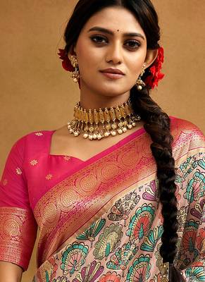 Women's peach tissue silk blend kalamkari saree with unstitched silk blend blouse piece 4