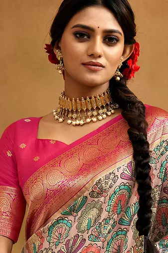 Women's peach tissue silk blend kalamkari saree with unstitched silk blend blouse piece