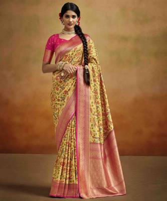 Women's yellow tissue silk blend kalamkari saree with unstitched silk blend blouse piece 1