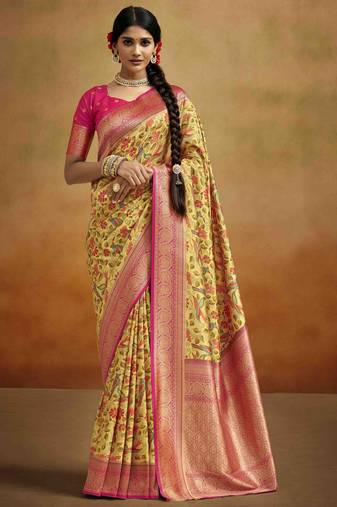 Women's yellow tissue silk kalamkari saree with unstitched silk blouse piece