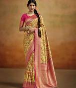 Women's yellow tissue silk kalamkari saree with unstitched silk blouse piece