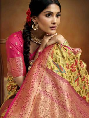 Women's yellow tissue silk blend kalamkari saree with unstitched silk blend blouse piece 2
