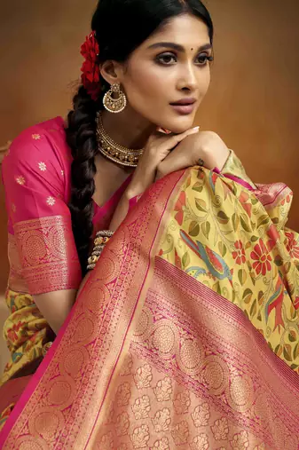 Women's yellow tissue silk blend kalamkari saree with unstitched silk blend blouse piece