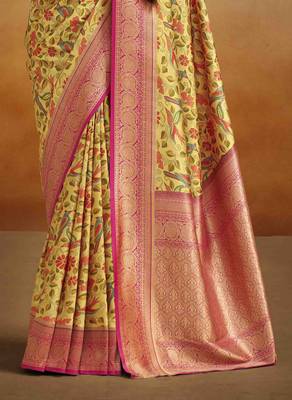 Women's yellow tissue silk blend kalamkari saree with unstitched silk blend blouse piece 3