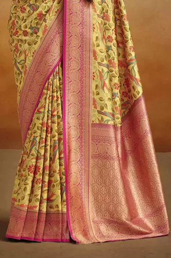 Women's yellow tissue silk blend kalamkari saree with unstitched silk blend blouse piece