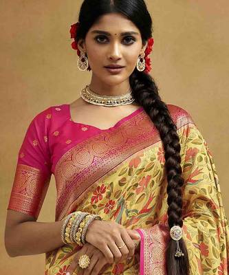 Women's yellow tissue silk blend kalamkari saree with unstitched silk blend blouse piece 4
