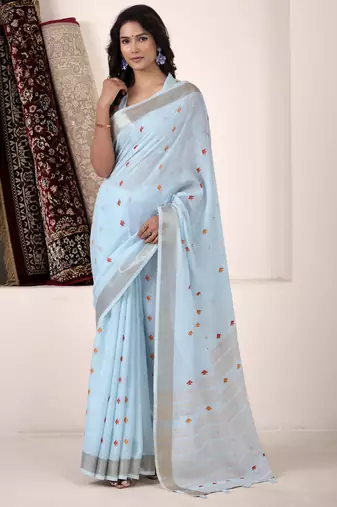 Women's blue linen silk woven saree with unstitched silk blouse piece