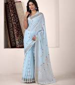 Women's blue linen silk woven saree with unstitched silk blouse piece