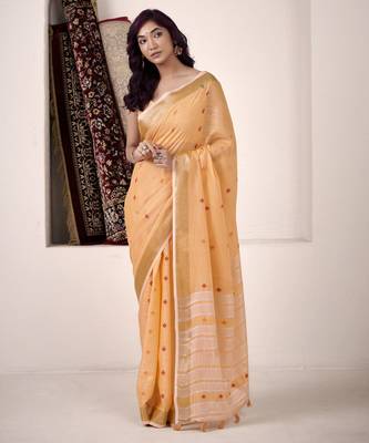 Women's orange linen silk blend woven saree with unstitched silk blend blouse piece 1