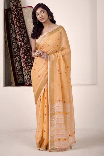 Women's orange linen silk woven saree with unstitched silk blouse piece