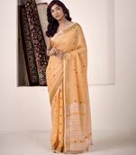 Women's orange linen silk woven saree with unstitched silk blouse piece