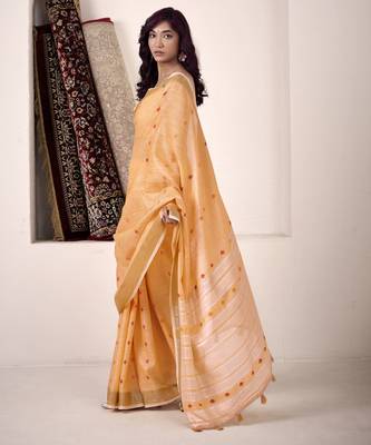 Women's orange linen silk blend woven saree with unstitched silk blend blouse piece 2