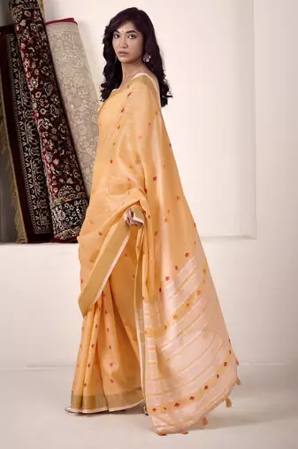 Women's orange linen silk blend woven saree with unstitched silk blend blouse piece