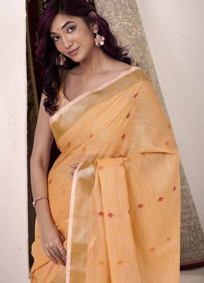 Women's orange linen silk blend woven saree with unstitched silk blend blouse piece 3