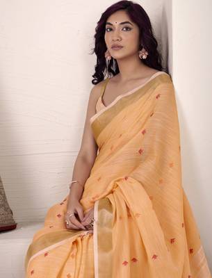 Women's orange linen silk blend woven saree with unstitched silk blend blouse piece 4