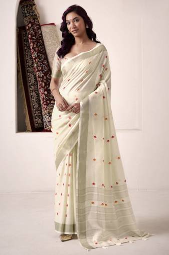 Women's cream linen silk woven saree with unstitched silk blouse piece