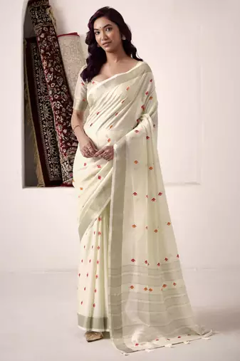 Women's cream linen silk woven saree with unstitched silk blouse piece