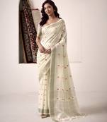 Women's cream linen silk woven saree with unstitched silk blouse piece