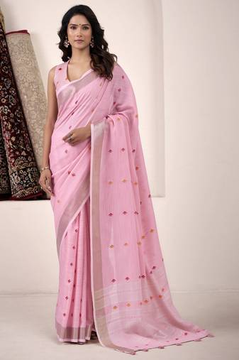 Women's pink linen silk woven saree with unstitched silk blouse piece