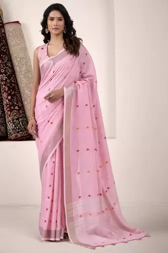 Women's pink linen silk woven saree with unstitched silk blouse piece