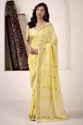 Women's yellow linen silk woven saree with unstitched silk blouse piece