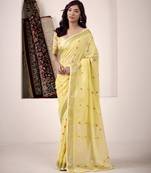 Women's yellow linen silk woven saree with unstitched silk blouse piece