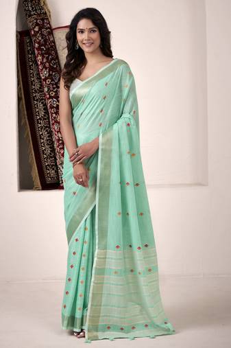 Women's turquoise linen silk woven saree with unstitched silk blouse piece