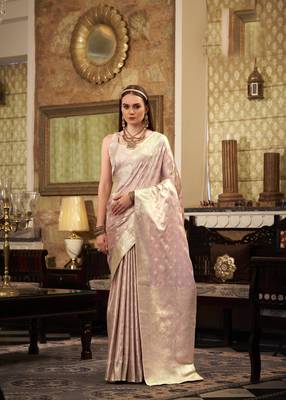 Women's pink satin banarasi silk blend saree with unstitched silk blend blouse piece 1