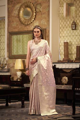 Women's pink satin banarasi silk saree with unstitched silk blouse piece
