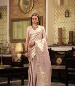 Women's pink satin banarasi silk saree with unstitched silk blouse piece