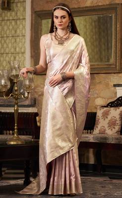 Women's pink satin banarasi silk blend saree with unstitched silk blend blouse piece 2