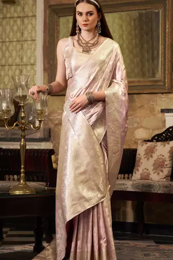 Women's pink satin banarasi silk blend saree with unstitched silk blend blouse piece