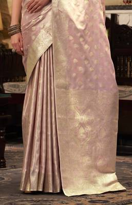 Women's pink satin banarasi silk blend saree with unstitched silk blend blouse piece 3