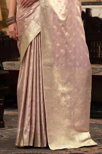 Women's pink satin banarasi silk blend saree with unstitched silk blend blouse piece