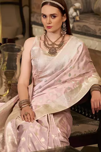 Women's pink satin banarasi silk blend saree with unstitched silk blend blouse piece