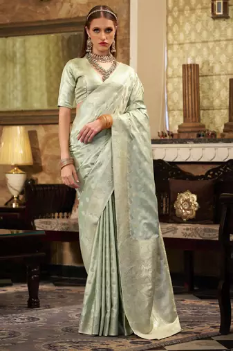 Women's mint satin banarasi silk saree with unstitched silk blouse piece
