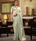 Women's mint satin banarasi silk saree with unstitched silk blouse piece