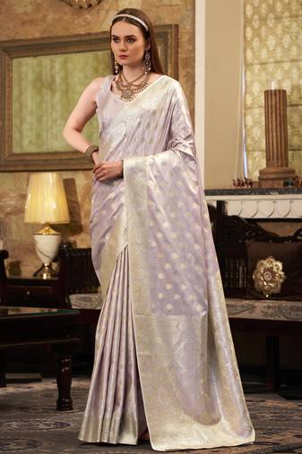Women's lavender satin banarasi silk saree with unstitched silk blouse piece