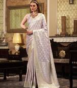 Women's lavender satin banarasi silk saree with unstitched silk blouse piece