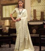 Women's cream satin banarasi silk saree with unstitched silk blouse piece