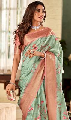 Women's sea green handloom silk blend saree with unstitched silk blend blouse piece 4