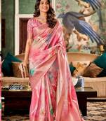 Women's pink handloom silk saree with unstitched silk blouse piece