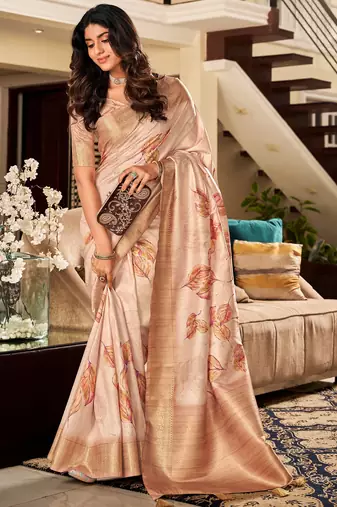 Women's beige handloom silk saree with unstitched silk blouse piece