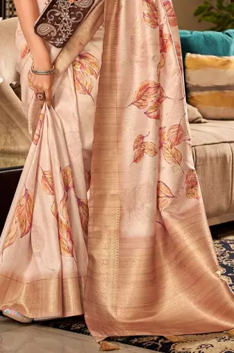 Women's beige handloom silk blend saree with unstitched silk blend blouse piece