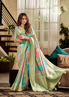 Women's mint handloom silk blend saree with unstitched silk blend blouse piece 1