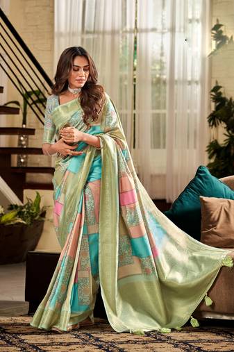 Women's mint handloom silk saree with unstitched silk blouse piece