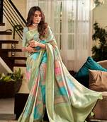 Women's mint handloom silk saree with unstitched silk blouse piece